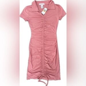 ✨NWT Planet Gold Mauve Glow Casual Short Sleeve Collared V-Neck Dress w/ Cinch—S